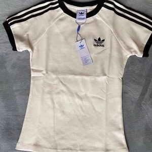 adidas Cream Short Sleeve Tee with Black Stripes